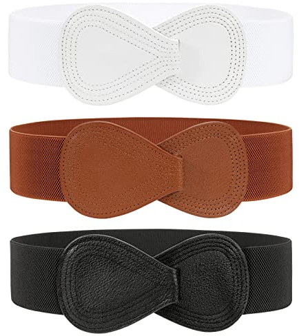 WERFORU 3 Stücke Damen Breit Elastischer Gürtel Frauen Stretchy Taillengürtel Mode Cinch für Kleider Schwarz/Weiß/Braun