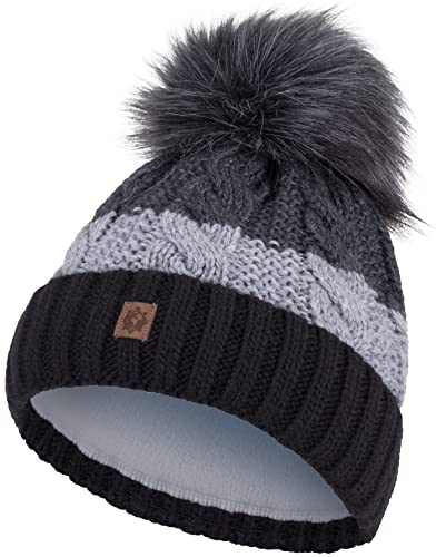 Compagno Wintermütze Mütze Damen Bommelmütze gestreift Strickmütze Winter gefüttert Mädchen Fleece Futter Beanie 102, Farbe:Schwarz