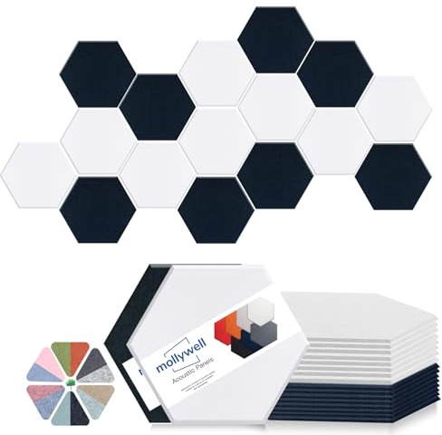 Mollywell Hexagon Acoustic Panels, High Density, Soundproofing, Decorative Noise Reduction Felt Wall Tiles for Ceilings, Home Office & Gaming Room (Deep Blue and White), 14x12x0.4 Inch