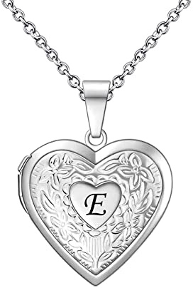 KunBead Jewelry Letter E Initial Picture Photo Heart Locket Alphabet Name Birthday Pendant Necklace for Women Girls Stainless Steel