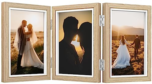 SIMDAO Bilderrahmen Collage für 3 Fotos, 10x15cm Bilder Holzbilderrahmen mit Plexiglas, Multirahmen für Hochzeit, Familie, Baby, Hellbraun, 6X4 Zoll