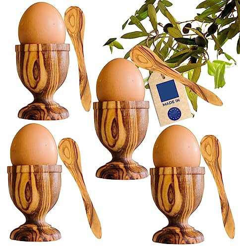 HOFMEISTER® Lot de 4 coquetiers et 4 cuillères en bois d'olivier unique pour le petit-déjeuner durable