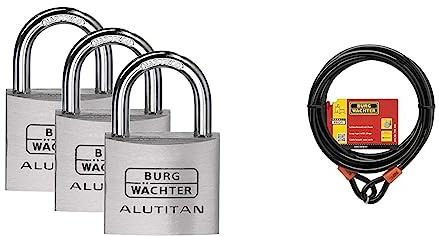 BURG-WÄCHTER 3er-Set Vorhängeschloss mit Schlüssel, Gleichschließend & Sicherheitskabel mit Ösen, Ummanteltes Stahlseil