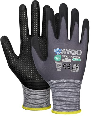 KAYGO Work Gloves with Grip Dots on Palm for Anti-Slip 12 Pairs, KG19NB | Nylon Liner, MicroFoam Nitrile Coated, Light Oil Compatible, Gripper Work Gloves for Warehouse, Automotive, DIY (Gray, L)
