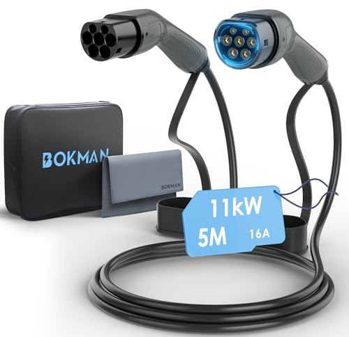 bokman Cavo Ricarica Auto Elettrica Tipo 2, 11 KW / 5 Metri / 16A / 3 Fase/modalità 3, Cavo Tipo 2 con Borsa per Il Trasporto Applicabile a 500e/Model Y/3/Primavera/ID.3/ID.4/e-208