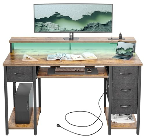 BEXEVUE120x50 Office Desk with LED & Power Outlets, Computer Table with Keyboard Tray, Modern Gaming Desk with 4 Reversible Drawers, Large Storage Shelf Workstation for Study, Home Office, Rustic