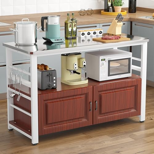 CMYAOYC Küchenschrank, Arbeitstische for Lebensmittelzubereitung mit Stauraum, Küchenregal Arbeitsplatte mit Großer Arbeitsfläche, Haken, Einfach zu Montieren ( Color : White frame+teak , Size : 70*40