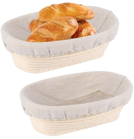 Lot de 2 paniers à pain ovales avec doublure, 24 cm, paniers à pâte en rotin naturel avec doublure en tissu de lin, couverture de panier à pâte pour fournitures de pâtisserie