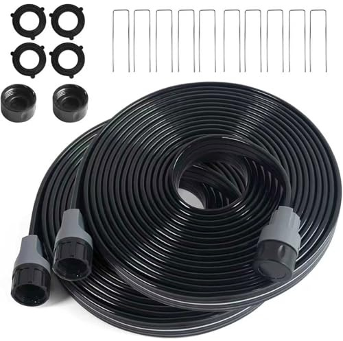 Apgooface Manguera de riego con agujeros de 4,5 m, manguera de goteo plana de 9 m con pinzas de jardín, mangueras de riego por goteo para césped, sistema de manguera de riego (negro, 9 m x 2 unidades)