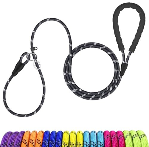 MEKEET Rope Dog Lead with Soft Padded 6Ft(1.8m) Reflective Slip Lead for Small Dogs Slip-On Black Dog Leads with No Collar or Harness Needed, 0.8cm Diameter