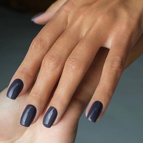 Ceboic 24Pcs French False Nails, Short Square Navy Blue Press on Nails in 12 Sizes, Reusable Acrylic Full Cover Stick on Nails, Pure Color Artificial Glue on Nail for Women and Girls