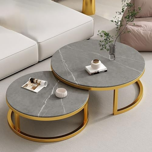 Couchtisch 2er Set Rund, couchtisch rund 60 cm durchmesser, Wohnzimmertisch Modern Satztisch Set, runder Couchtisch Sofa-Beistelltisch, Für Kleine Räume/Wohnzimmer/Schlafzimmer(Light gray,60+80cm)