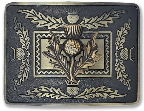 Kilt Emporium skotsk tistelvapen kilt bältesspänne – elegant mässingsdesign, Mässing antik – 4 tistlar emblem, 3.75 x 2.75