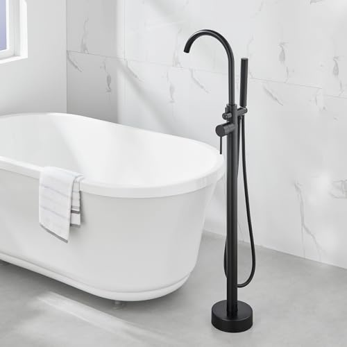 ROVOGO Ganzmetall Freistehende Badewannenarmatur Schwarz mit Handbrause, 360° Schwenkbar Messing Wannenarmatur mit Brause für Freistehende Badewanne, Bodenmontage, Einhebelmischer Armatur Badewanne