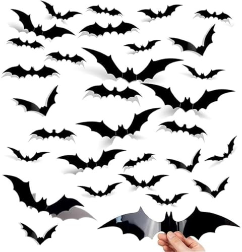 WeddHuis 48 Stück Halloween 3D Fledermaus Deko, Wandaufkleber, Wasserdichtes PVC, Gruseliges, Abnehmbares DIY Halloween Deko Set für Fensterdeko (4 Verschiedenen Größen) (Schwarzes)