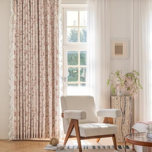 Bishilin Vorhänge Blickdicht mit Ösen 2 Set 86x115CM, Verdunklungsvorhänge Bedruckt Blumen Motiv mit Rüschen, Rosa Gardinen Verdunkelnd Wohnzimmer Jugendzimmer Schlafzimmer