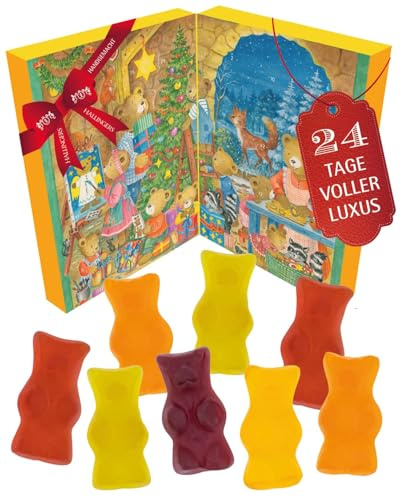 Hallingers Genuss Manufaktur Fruchtsaftbärchen Adventskalender - 48 extra große Fruchtgummi Bärchen handmade in edlem Softfeel-Buchkarton Bärchen, Weihnachtskalender für Jungs Mädchen