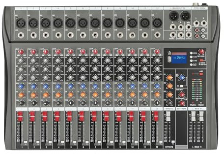 12 Channel Mixer, Audio Mixer Sound Mixing Console DJ Sound Controller with 48V Phantom Power LCD Display Bluetooth input USB Professional Sound Mixer