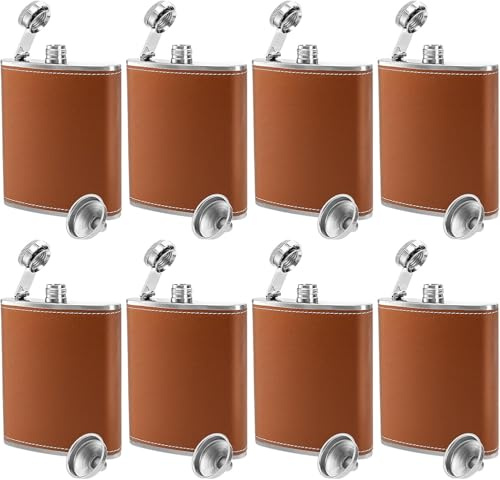 8 Pack Hip Flasks Bulk, 8oz Leather Hip Flask for Men Stainless Steel Hip Flask with Funnel, Portable Pocket Whiskey Flask for Camping Climbing Barbecue