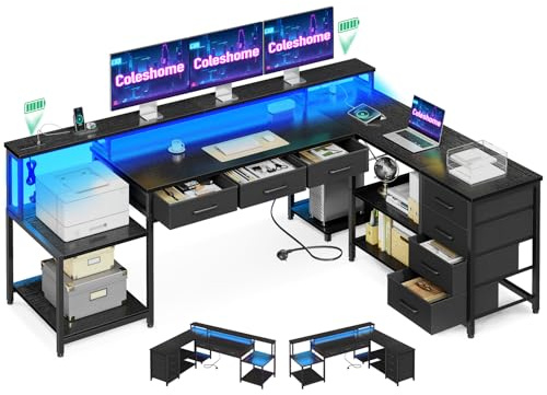 Coleshome Mesa de Juegos con Luces LED RGB, 199.5×145.5cm Escritorio de Esquina con 7 Cajones y Amplio Espacio de Almacenamiento, Escritorio en Forma de L Reversible con 2 Tomas, Negro