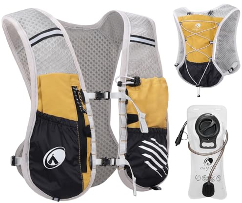 Outplea Laufweste mit 2L Trinkblase, Leicht Trinkrucksack für Fahrrad Herren Damen, Reflektierend Trinkweste Laufrucksack Wasserrucksack für Laufen Marathon Jogging Radfahren MTB, Gelb