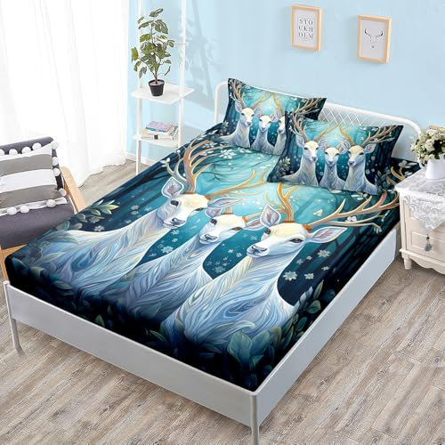 Spannbettlaken 160x200cm Pfau Blauer Elch Bettlaken 160 x 200 Mikrofaser Topper Spannbettlaken 160x200 Spannbetttuch 160x200 Atmungsaktiv Bed Linen Waschbar Bettbezug 160x200 30cm Tiefe