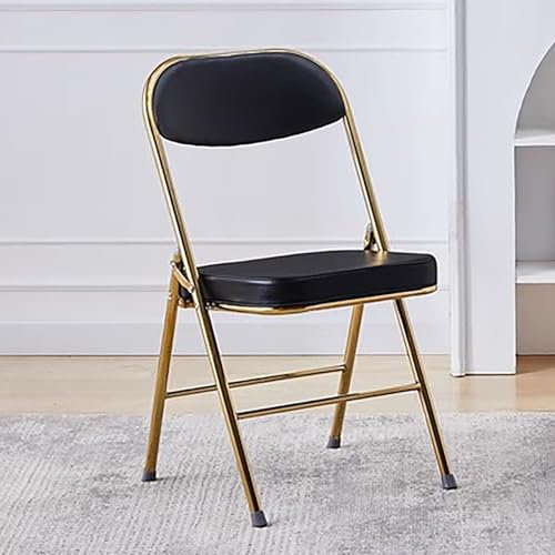 Metall-Klappstühle mit gepolstertem Kissen und Rückenlehne, für Zuhause, Büro, Innen- und Außenbereich, zusammenklappbar und tragbar (goldene Beine + PU-Leder, schwarz)