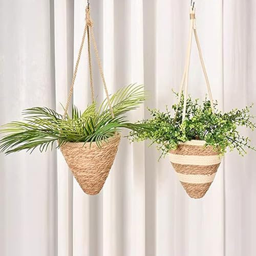 ZHDOKA 2 Pezzi Fioriere Sospese in Rattan, Vasi per Piante a Forma di Cono Cestini per Fiori Appesi Alla Parete della Fattoria, Vasi per Piante da Soffitto con Rivestimento in