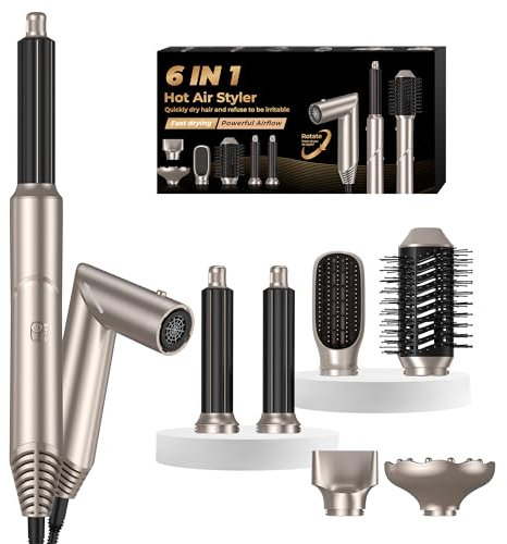 UKLISS Airstyler 6 in 1 Haarstyler Haartrockner Föhn mit Luft-Lockenstab Diffusor Hairstyler Airbrush Warmluftbürste Rundbürstenföhn Lockenbürste Lockenföhn Stylingbürsten Hair Dryer Set, Gold