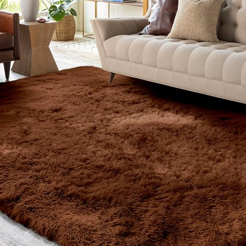 XSIVOD Hochflor Teppich Braun 80x160 cm, Weicher Teppich Wohnzimmer | Waschbarer flauschiger Hochflor Teppich, rutschfeste Matte für Schlafzimmer, Kinderzimmer und Büro, moderner weicher Teppich