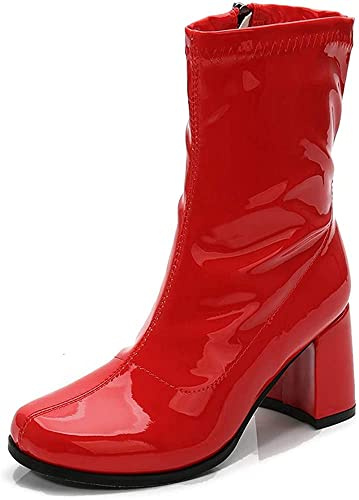 Women’s Go Go Ankle Boots – 1960s 1970s Retro Mod Patent Leather Mid Calf Boots, Chunky Low Block Heel, Side Zip Vintage Fashion Boots for Women, UK Size 3-8