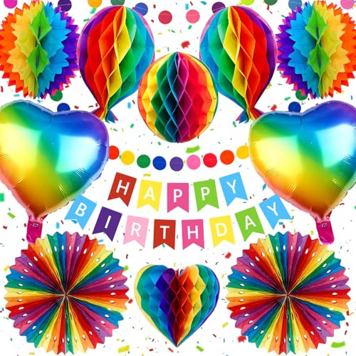 Geburtstagsdeko Regenbogen, Geburtstag Deko Frauen und Mädchen | Wiederverwendbare Happy Birthday Decorations Banner, Papierfächer Dekorationen für Männer Jungen