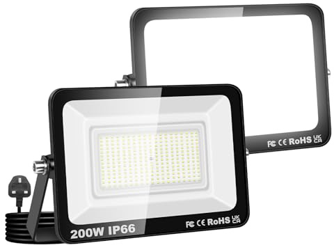 Willpower Proyector LED Focos LED Exterior 200W Luz 6,000K Blanco | 2PCS 20,000LM, con Enchufe, IP66 Impermeable, Iluminación para Garaje Patio Jardín Terraza Parque Trabajo