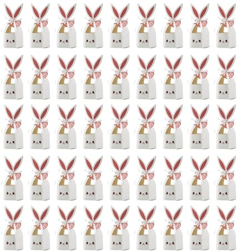 Montesy 50Pcs Lovely Rabbits Treat Boxes Rabbits Ears Paper Box Ribbon Eggs Hunt Basket Spring Party Containers for Easters