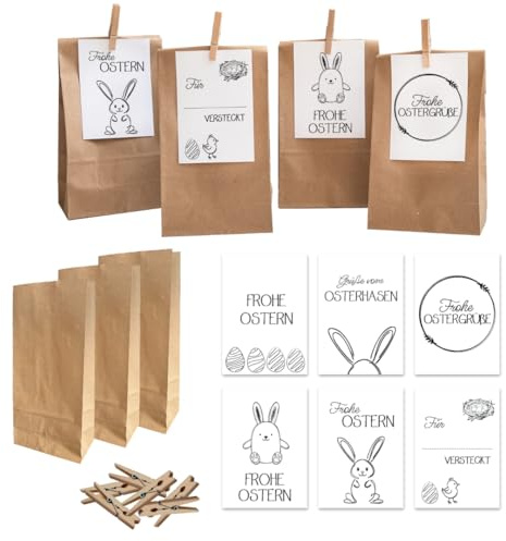 PuK Oster-Tüten Set | 6 Kraftpapier Tüten mit Klammern & liebevoll gestalteten Osterkarten | Geschenktüten für Ostern & kleine Überraschungen (Schwarz-Weiß, 6)