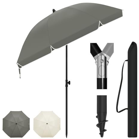 Laneetal Parasol de Plage Ø135/155/175cm, Imperméable en Tissu Anti-UV UPF 50+, Toile Inclinable, Hauteur Réglable