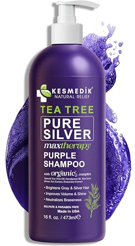 KESMEDIK Tea Tree Purple Shampoo with Rosemary & Aloe, Professional Anti Brass Toner, Removes Yellow Tones for Gray, Bleached, White & Blonde Hair, Nourishes & Refreshes Scalp, Sulfate-Free, 16 fl oz