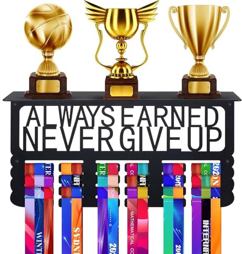 Niciksty Medaillenständer zur Wandmontage mit Regal | Wandhalter für Trophäen & Medaillen mit Aufschrift ALWAYS EARNED, Never Give Up . Ideal für Läufer & Sportler.