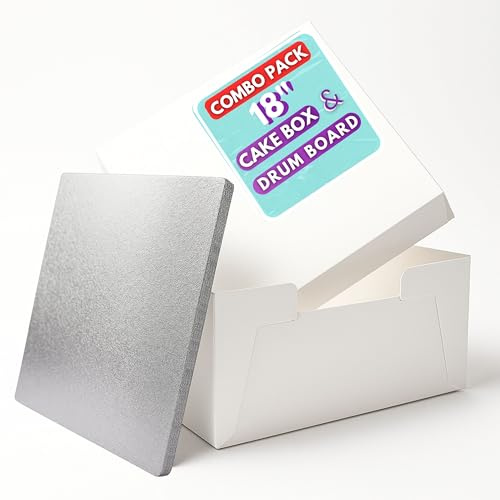 Pack N Trade White 18-Inch Cake Box with 13mm Square Silver Drum – Durable 18×18×6″ Cake Box & Drum Combo – Ideal for Birthday & Wedding Cakes, Cake Decorators & Home Bakers