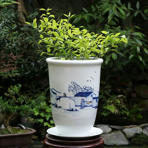 GUHPZA Pot De Fleurs en Porcelaine Bleu Et Blanc Jingdezhen, Jardinières en Céramique avec Trous De Drainage Et Soucoupes pour Plantes D'Intérieur, Plantes D'Intérieu,D
