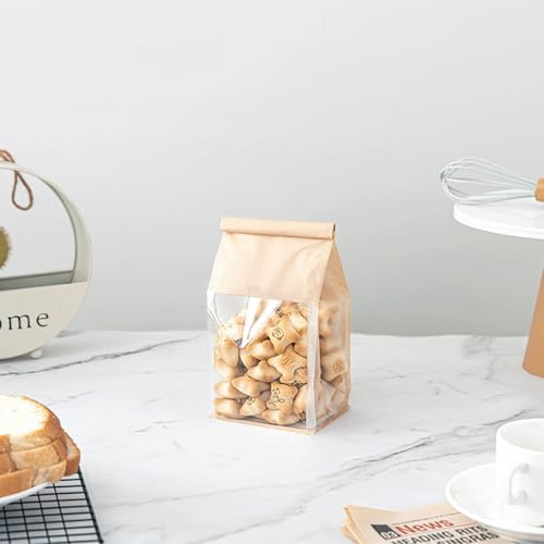 Roppolo 100 Pcs Bread Bags with Tin Tie, Loaf Bags Made Of Brown Cotton Paper, Storage Packing Bag with Clear Window for Bakery, Cafe, Homemade Bread, Mini Size 3.9 Inch