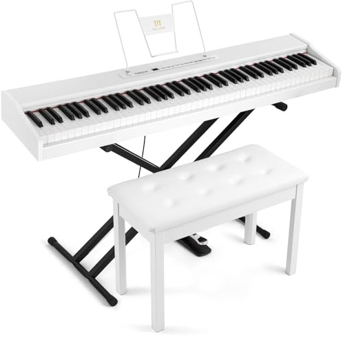 MUSTAR E Piano Digital 88 Tasten mit Klavierhocker, Keyboard mit Halbgewichteten & Bluetooth, Portable Set mit Sustain Pedal, Keyboardständer und Tragetasche, Weiß