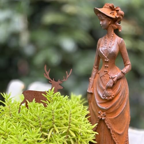 Heimvita 30cm Vintage Gartendekoration, Viktorianische Figur aus Gusseisen, Elegante Dame mit Hut, Antik Klassische Skulptur für Garten und Terrasse (Rost)