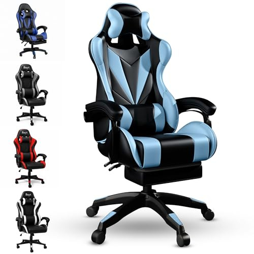 Bayt Silla Ergonómica para Gaming para El Hogar - Silla De Oficina con Respaldo Alto Y Soporte Lumbar | Sillas De Ordenador De Imitación De Cuero para Adultos Y Adolescentes - Azul Y Negro