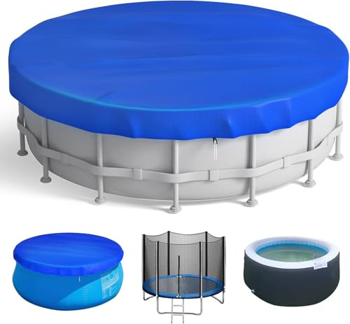 12FT Pool Cover, 12 Foot Waterproof Swimming Pool Cover for Inflatable Frame Pools, Hot Tub Spa Trampolines Covers with Drawstring Design, 12 ft Round Pools Covers for Paddling Above Ground Pool