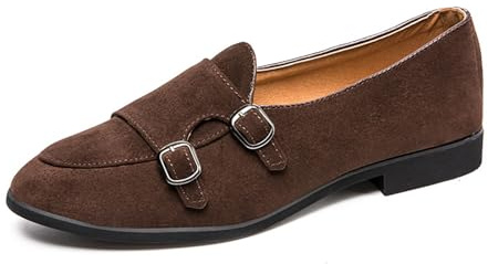 JHYUUKAU Zapatos De Vestir para Hombre Hebilla Doble Monkstrap Sin Cordones, Zapatos Casual & Negocios, Piel Sintética De Ante,Marrón,38 EU