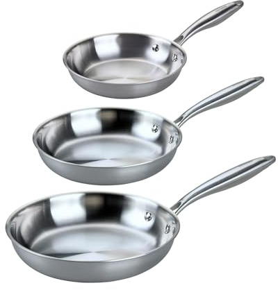 Fackelmann Vita3 Set de Sartenes, incluye Sartén 20 cm, 24 cm y 28 cm, Acero Inoxidable Triply sin Antiadherente, Libre de PFA, Aptas Inducción y todo tipo Cocinas, Aptas Lavavajillas