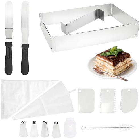 Kaizuca 33 delar justerbar rektangulär kakring set, rostfritt stål bakram med spatel, spritspåse och munstycken, för att göra moussekakor, ostkaka, tiramisu, desserter och kakor