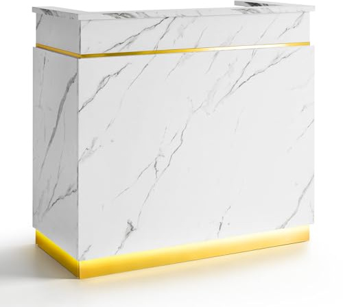 Barberpub Empfangstheke mit 3 Schubladen & 1 Schrank, Empfangstisch mit Beleuchtung, Empfangstresen Abschließbar, Rezeptionstheke Kassentheke für Friseursalon, 55x120x107 cm, R9759 (Weiß-Gold)