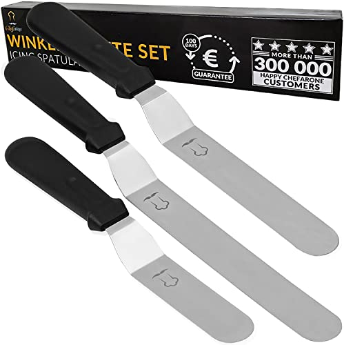 Chefarone - Spatole per Glassa - Set Professionale di Spatole per Dolci e Torte Inclinate - Palette Liscie in Acciaio Inox per Glassatura - Kit Pasticceria 3 Pezzi (Nero)